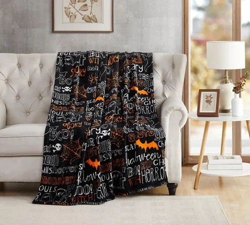 Vista 12 de Manta de forro polar de Halloween, murciélagos negros sobre fondo naranja, 50 x 70 pulgadas Ultra-soft cozy flannel fleece, for sofa couch bed