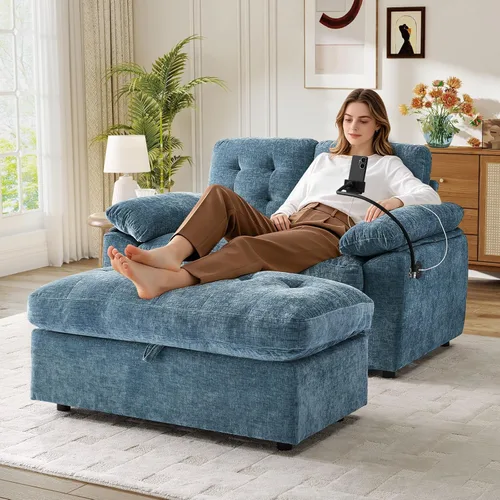 Vista 29 de Chaise Lounge Chair para interiores con puerto USB y soporte para teléfono, sillón reclinable pequeño de felpilla con otomana de almacenamiento