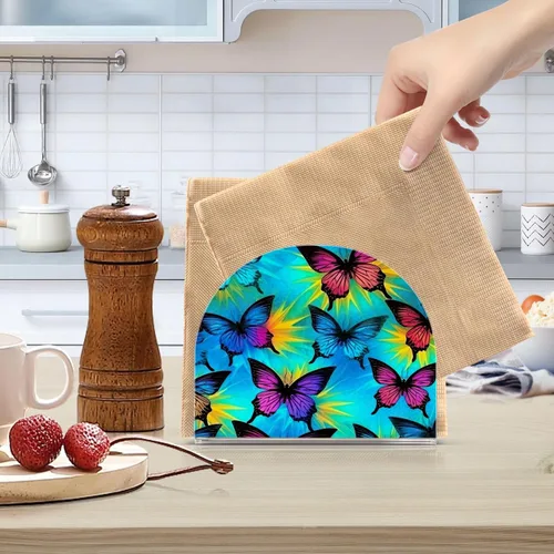 Vista 6 de Servilletero con diseño de mariposa azul y morado para mesas, servilleteros de acrílico transparente, servilleteros de cóctel para cocina