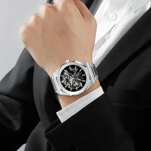 Vista 3 de Tiong Reloj de pulsera mecánico de acero inoxidable de esqueleto de lujo, resistente al agua, negro, automático, para hombre