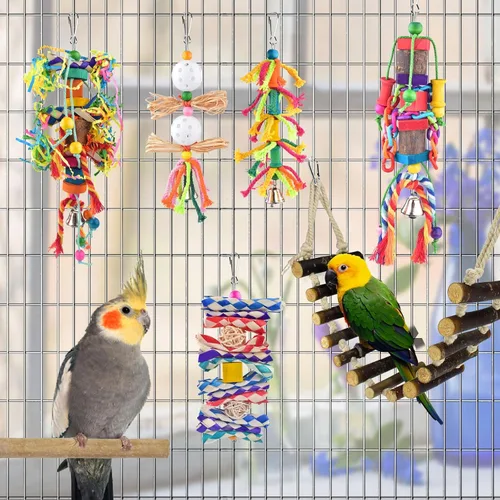 Vista 7 de KATUMO Juguetes para pájaros, periquito columpio escalera de loro cacatúa, perca, conure, campana colgante, juguetes para periquito, conure