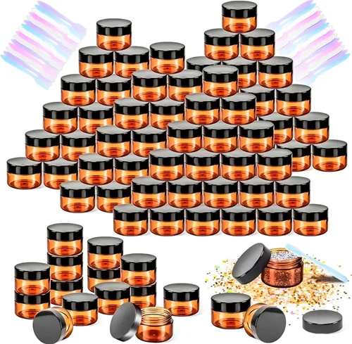 Vista 10 de Paquete de 50 de 10 g pequeños contenedores de cosméticos de plástico con tapas, frascos de maquillaje de 10 gramos de color ámbar con espátulas