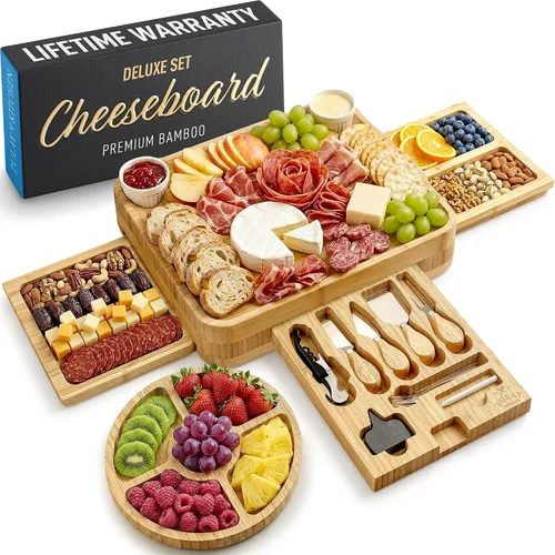 Vista 13 de Zulay Kitchen Juego de tablas de queso de bambú de alta calidad, juego de tablas de embutidos de bambú extra gruesas con juego de 4 cuchillos, tabla