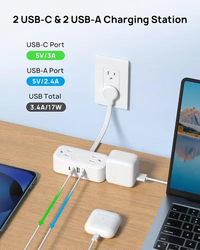 Vista 2 de TROND Extensor de toma con cable de 6 pulgadas, adaptador de enchufe plano con 4 tomas eléctricas y 4 puertos USB, para montaje en pared, toma