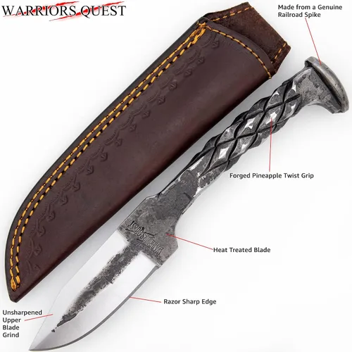 Vista 2 de WARRIORS QUEST™ - SideWinder Railroad Spike Knife - Cuchillo de acero al carbono forjado a mano y tratado térmicamente con funda de cuero de primera