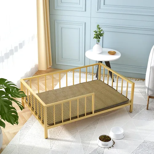 Vista 3 de OSCHF Cama para perros con rieles, marco de cama elevado de metal para mascotas con tablero de madera maciza y tapete suave lavable para perros