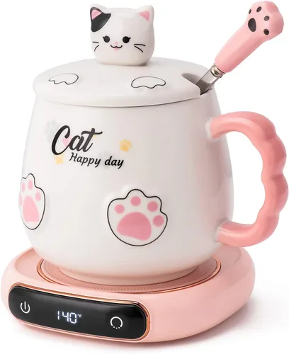 Vista 9 de Calentador de tazas de café y lindo juego de tazas de gato, calentador de tazas de bebidas para escritorio, oficina en casa con 4 ajustes