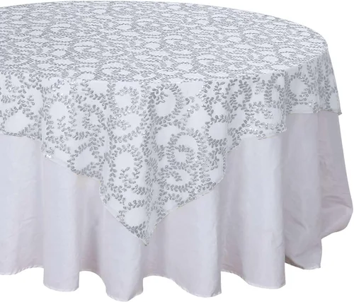 Vista 9 de Efavormart - Superposición de mesa de tul bordado de hojas de lentejuelas plateadas de 72 x 72 pulgadas, mantel cuadrado transparente Plateado