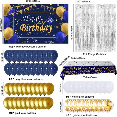Vista 2 de Decoraciones de cumpleaños azules y doradas para hombres y mujeres, decoraciones de feliz cumpleaños para niños y niñas, decoración de fiesta, telón
