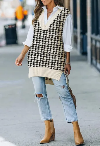 Vista 6 de Kisscynest Suéter de punto de gran tamaño con cuello en V para mujer, casual, holgado, sin mangas, suéter