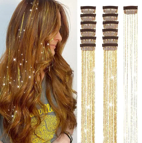 Vista 14 de Ubeleco Kit de oropel para cabello negro de 12 piezas, accesorios de cabello con clip de 52 cm, kit de oropel de pelo de hada para Navidad y Año