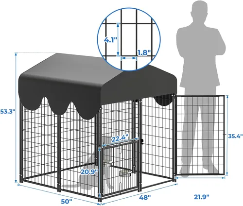 Vista 3 de Perrera para exterior de 4 x 4.2 x 4.5 pies, corral resistente de metal para perros con puerta giratoria y 2 tazones ajustables, perrera