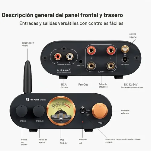 Vista 2 de Fosi Audio MC101 Amplificador Estéreo Bluetooth Componente de Audio para el Hogar Mini Amp con Medidor VU 2 Canales Receptor HiFi para Altavoces