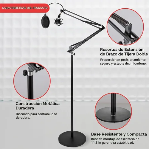 Vista 6 de Pyle Soporte de suspensión para micrófono: soporte de micrófono con brazo de tijera con soporte de choque, filtro pop integrado, extensión máxima
