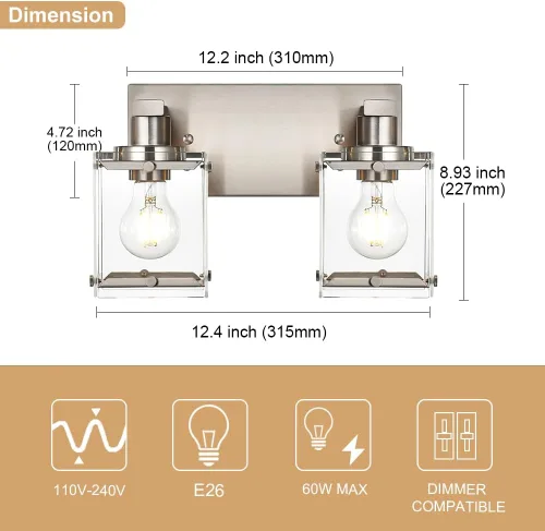 Vista 4 de Iluminación de aplique de pared de 2 luces con base de bombilla E26, lámpara de tocador de baño moderna de níquel cepillado para sobre espejo