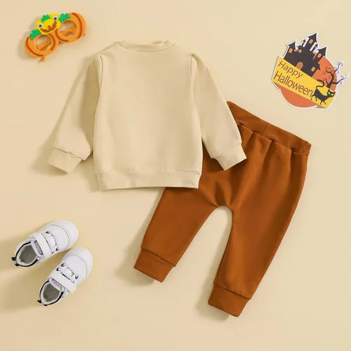 Vista 6 de Conjunto de 2 piezas de sudadera de calabaza de manga larga para bebé niño y niña, ropa de otoño e invierno