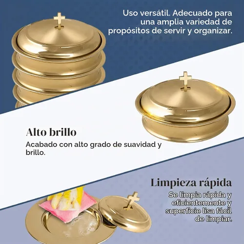 Vista 5 de Bandeja de comunión para iglesia con tapa, acero inoxidable, juego de 3 Latón/dorado brillante