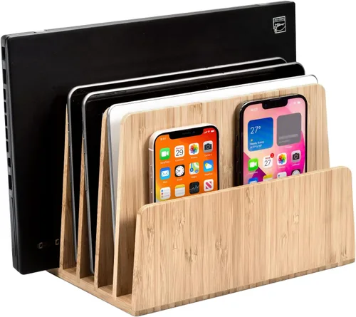 Vista 8 de MobileVision Organizador de dispositivos de bambú para teléfonos inteligentes, tabletas y portátiles, 10 ranuras
