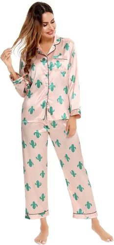 Vista 2 de SWOMOG - Conjunto de pijama de dos piezas, de satén de seda con botones, para mujer