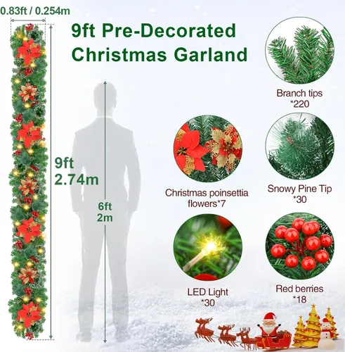Vista 8 de Guirnalda de Navidad, guirnalda de Navidad con luces, decoración de Navidad, flores artificiales de ratán de 9 pies, decoración de Navidad