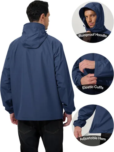 Vista 6 de Chaqueta impermeable para hombre, rompevientos, impermeable, para ciclismo, correr, senderismo, con capucha, ligera, plegable