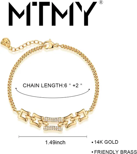 Vista 4 de MTMY Pulsera de oro para mujer, chapada en oro de 14 quilates, delicadas pulseras con cadena ajustable, hecha a mano, minimalista, pulsera de barra