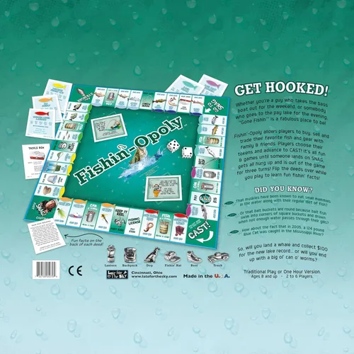 Vista 5 de Late for the Sky Fishin'-Opoly Juego de mesa, 2-6 jugadores Estrategia Pesca