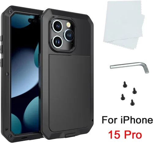 Vista 6 de Funda compatible con iPhone 15 Pro, funda protectora de cuerpo completo 360, resistente a los golpes, funda de metal de aleación de aluminio
