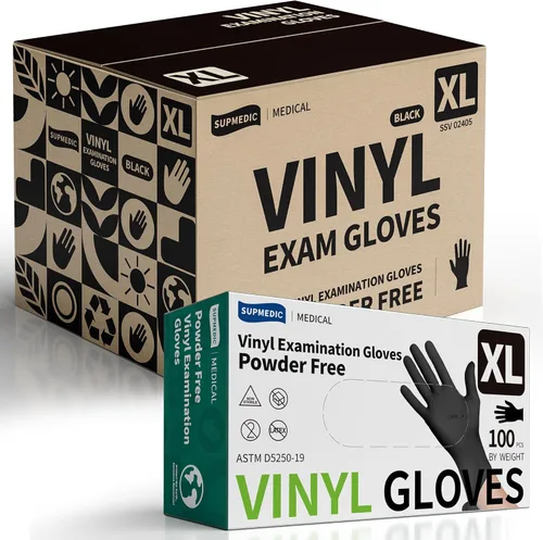 Vista 11 de Supmedic Vinyl Disposable Exam Gloves, Black 4Mil Powder-Free Latex-Free Medical Food Safe Cooking Cleaning Glove 100 &1000Ct