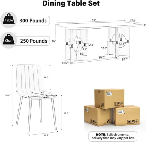 Vista 2 de Moderno juego de mesa rectangular para 4, mesa grande de mármol sintético gris de 71 pulgadas con base de metal con marco hueco, y 4 sillas