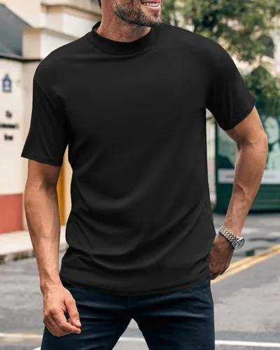 Vista 2 de Wihion Camiseta de cuello alto falso para hombre, camiseta acanalada de manga corta con cuello alto