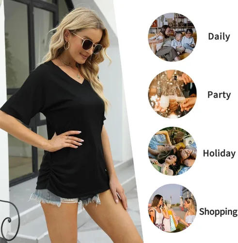 Vista 4 de ELIY BASIC Camisetas plisadas de manga corta con cuello en V para mujer, ajuste holgado, túnica básica con fruncido lateral