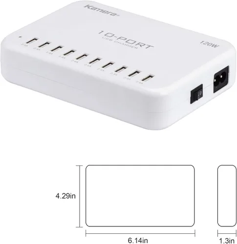 Vista 3 de Estación de carga USB de 120 W, 24 A, concentrador de cargador internacional de 10 puertos para múltiples dispositivos iPhone XR XS 8/7/6s/6