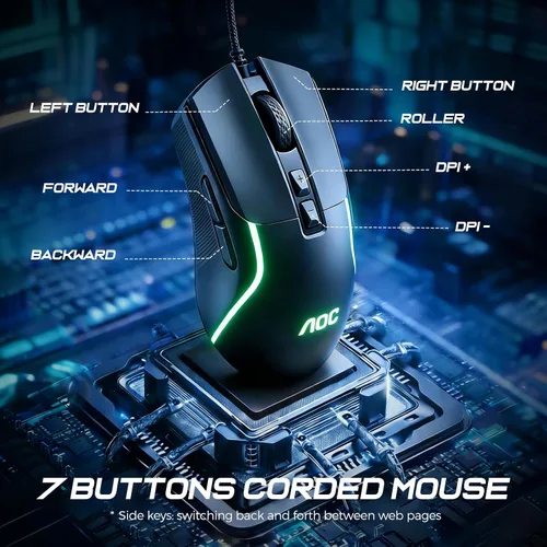 Vista 4 de Ratón ergonómico con cable AOC RGB para juegos, ratón con cable programable