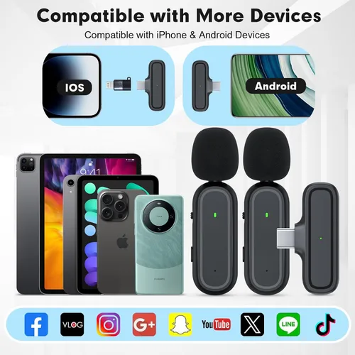 Vista 7 de Paquete de 2 micrófonos inalámbricos Lavalier para iPhone y Android, micrófono con clip de reducción de ruido Plug and Play con funda de carga