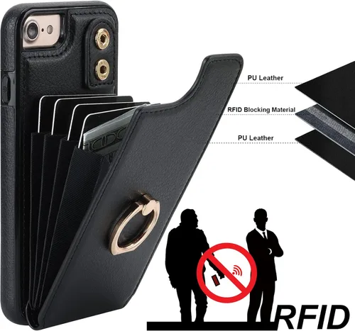 Vista 5 de Folosu Funda tipo cartera para iPhone SE con soporte para tarjetas, soporte de anillo de rotación de 360 grados, función de protección RFID, de piel