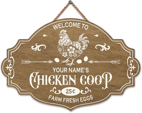 Vista 50 de Letrero de madera de gallinero personalizado para gallinero, diseño de granja esponjosa, varios tamaños, nombre personalizado, título y cita