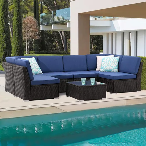 Vista 2 de Juego de sofá de patio de 7 piezas con mesa de centro, juego de conversación de patio, sofá seccional al aire libre, juego de muebles de ratán