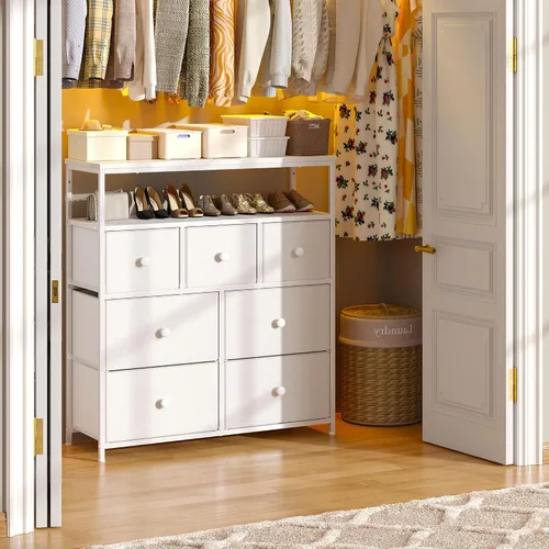 Vista 3 de Cómoda para dormitorio con 7 cajones y 2 estantes abiertos, soporte de TV para dormitorio, cómoda blanca para pasillo, entrada, dormitorio