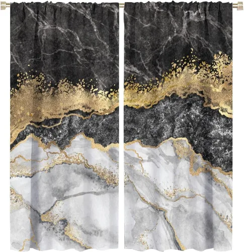 Vista 26 de Cortinas abstractas de mármol de lujo de lujo azul marino dorado a rayas con patrón de mármol estampado para dormitorio, sala de estar, cortinas