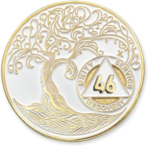 Vista 39 de 1 año Sobriety Mint Twisted Tree of Life Medallón de recuperación AA chapado en oro, chip/ficha - negro