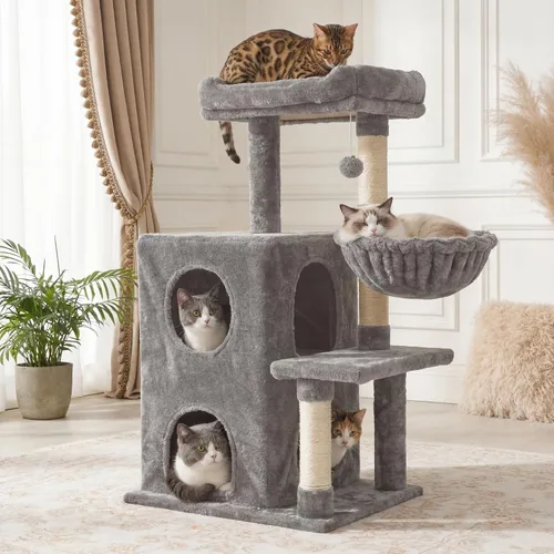 Vista 11 de Fansafurn Árbol de varios niveles para gatos de interior, torre moderna para gatos con camas dobles y postes rascadores, árbol para gatos grandes