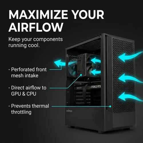 Vista 3 de Zalman FIT Basic ATX Mid-Tower - Funda para computadora de escritorio para juegos 1 ventilador PWM de 4.724 in, panel frontal de malla de alto