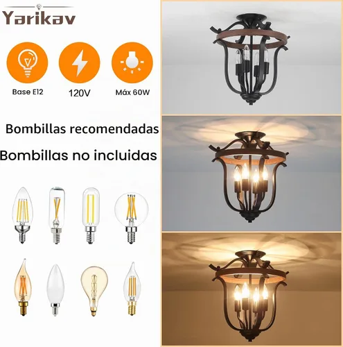 Vista 5 de Candelabro de 4 luces estilo granja, lámpara de techo de montaje empotrado vintage rústica mini, lámpara de araña de metal negro y madera artificial