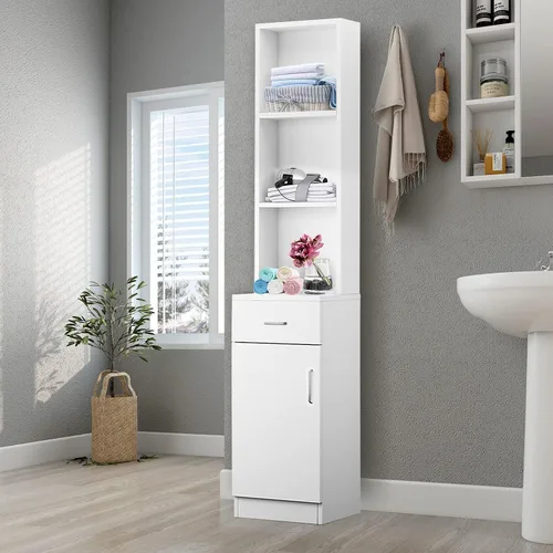 Vista 2 de BNSPLY Armario alto de baño, gabinete estrecho de lino delgado con estantes abiertos de 3 niveles y cajón, torre de lino independiente para baño