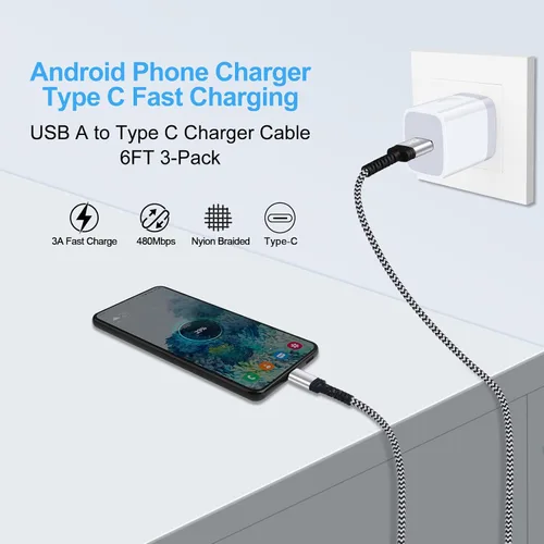 Vista 3 de Paquete de 3 cables USB tipo C para Samsung S26 S25 S24 S23 de carga rápida USB C a USB A Android Phone C para Galaxy S26Ultra/A17 A16 5G/Z