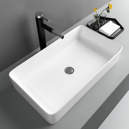 Vista 9 de Lavabo de baño negro de 16 x 12 pulgadas, lavabo de apoyo rectangular para baños, de cerámica, sobre mostrador, lavabo rectangular de baño, lavabo