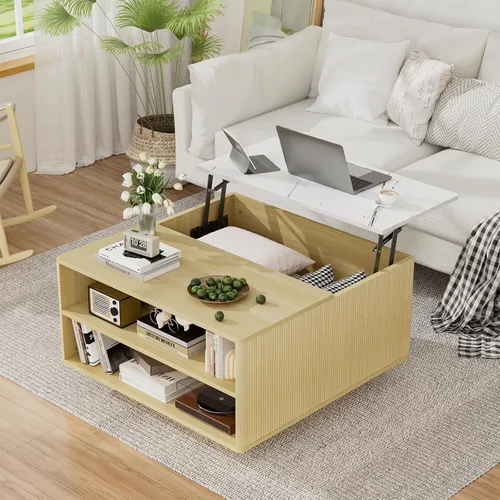 Vista 3 de Mesa de centro elevable con almacenamiento, mesa cuadrada central de madera natural estriada con almacenamiento abierto, mesa central para sala