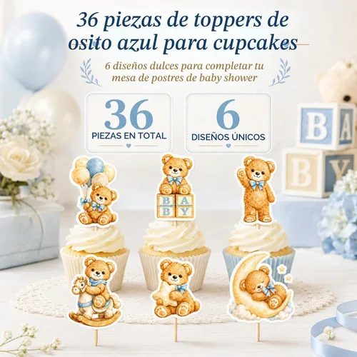 Vista 3 de ALISSAR We Can Bearly Wait - Decoraciones para baby shower, 36 adornos para cupcakes de oso azul