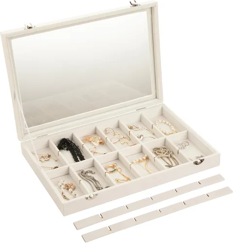 Vista 4 de Frebeauty Bandeja de joyería de terciopelo, organizador de joyas de 24 rejillas con tapa transparente, organizador de aretes con cierre, anillos